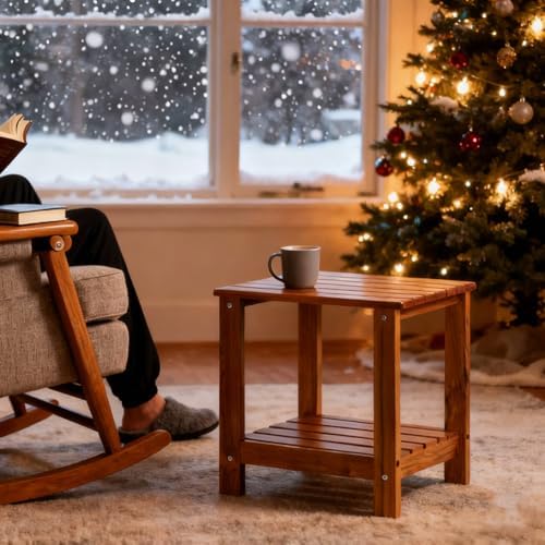 Utoplike Teak Side Table Outdoor, Patio End Table Double Layer for Garden