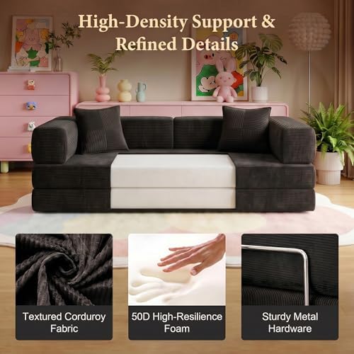 Convertible Futon Sofa Bed | 78.8” Corduroy Boneless Couch with Pull Out Sofa...
