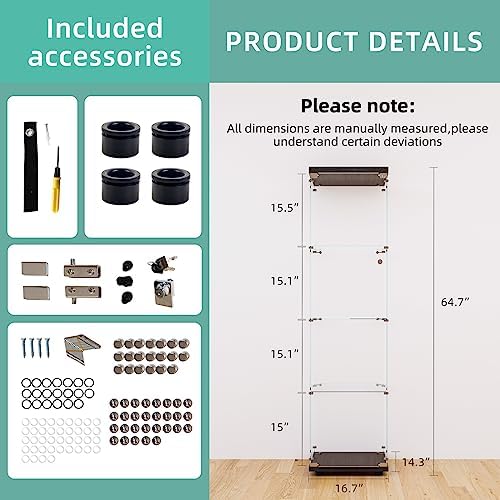 FLYMUHJIA Curio Cabinet Glass Display Case for Collectibles with Door, 4 Disp...