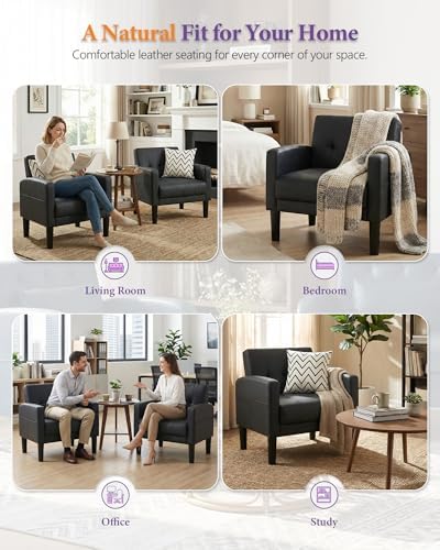 Black Accent Chair, Tufted Reading Armchair with Arms for Living Room