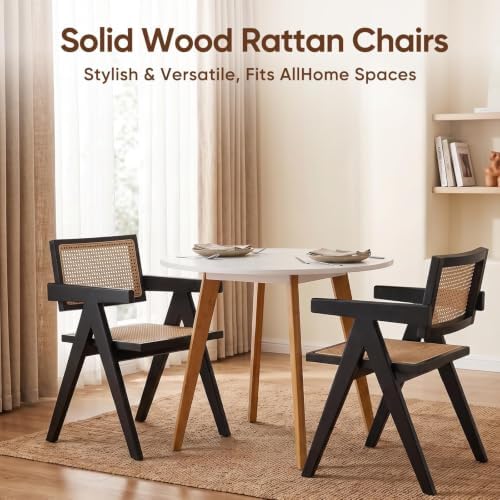 Accent Chairs Set of 2 Black Mid Century Modern Solid Wood Cane Armchairs