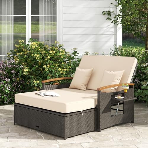LDAILY Moccha Outdoor Wicker Daybed, Patio Rattan Loveseat Sofa w/ 4-Level Ad...