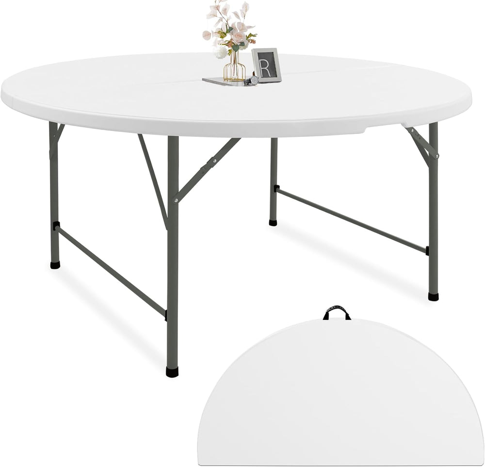 Fivenl 5 FT Round Folding Tables White Foldable Table, Fold-in-Half with Carr...