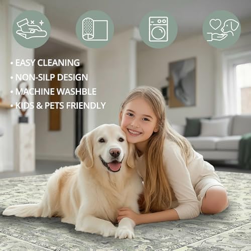 8x10 Non-Slip Washable Livingroom Vintage Area Rug, Sage Green