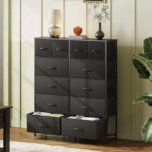 WLIVE 12 Drawer Tall Black Fabric Dresser Bedroom Storage Chest