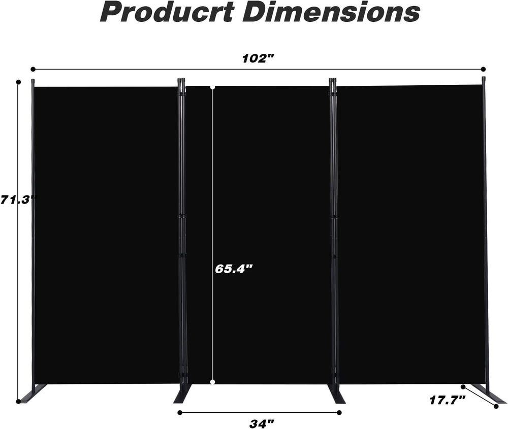 Room Divider, 3 Panel Folding Privacy Screens with Wider Feet, Black
