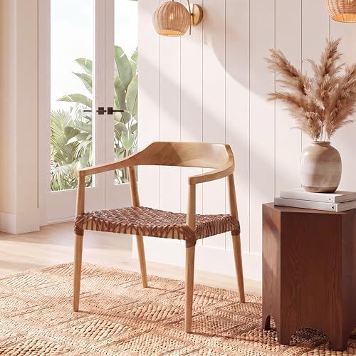 SAFAVIEH Home Collection Munro Natural Teak Wood/Light Honey Leather Woven Ac...
