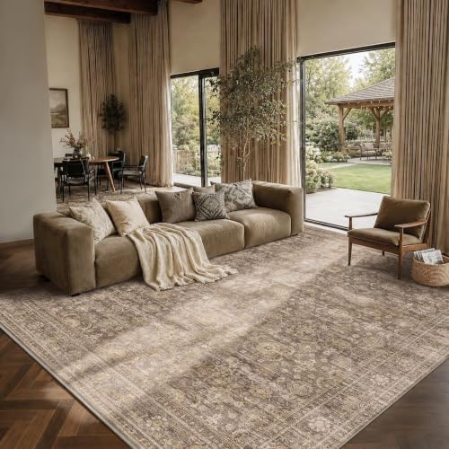 JOOJA 8x10 Neutral Tan Vintage Soft Low Pile Boho Washable Large Area Rug