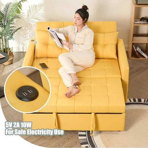 GOSUHI 52" 3-in-1 Convertible Sleeper Sofa Bed, Linen, Yellow