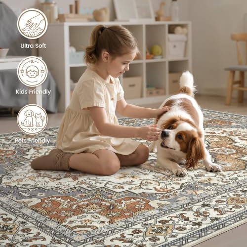 EIEIHOUSE 9x12 Area Rug Washable Vintage Rugs for Living Room Caramel Gray