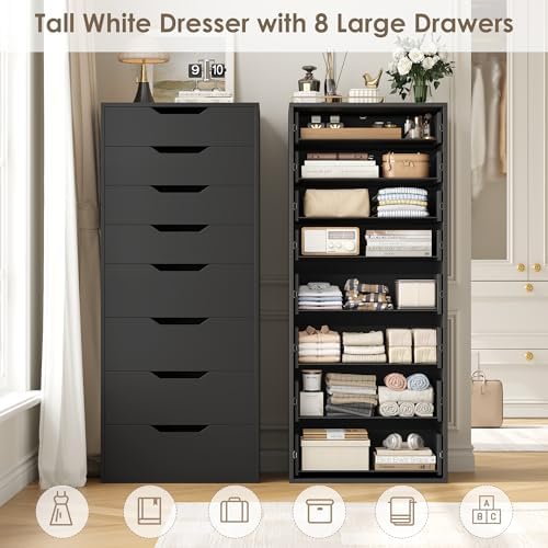 FACBOTALL 44.5" Tall Black Dresser, 8 Drawer Dresser with Groove Handles