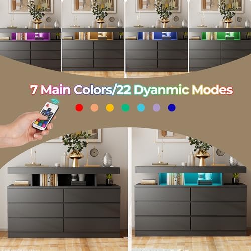 BEWISHOME Black Dresser for Bedroom with Charging Station and LED Lights