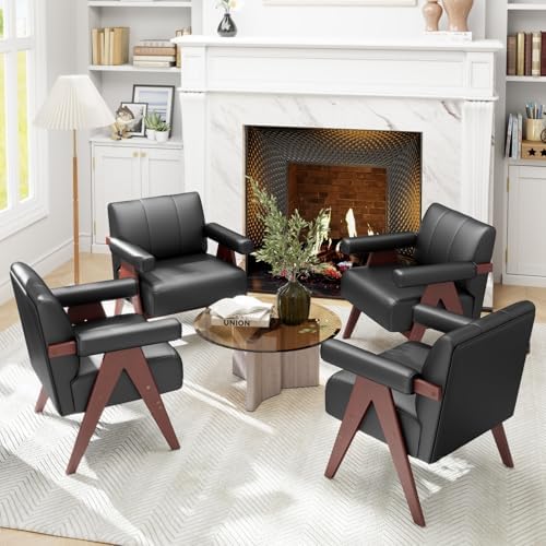 STHOUYN Faux Leather Accent Chairs Set of 2, Wooden Arm Chairs (Black)