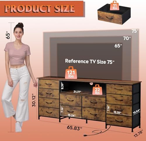 WLIVE Dresser TV Stand for 75 Inch TV, 12 Drawer LED Dresser, Rustic Brown