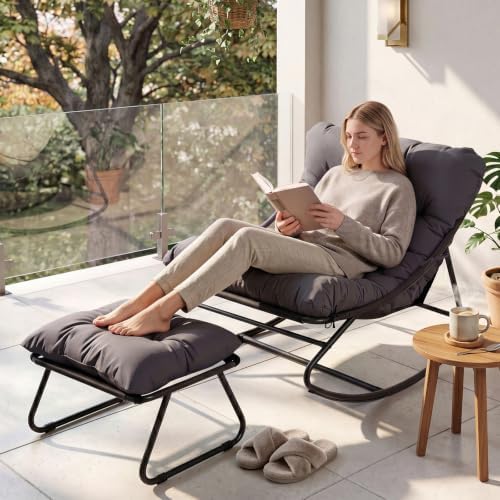 Aoxun Outdoor Rocking Chair with Ottmans, Cozy Papasan Rocking Chair with Thi...