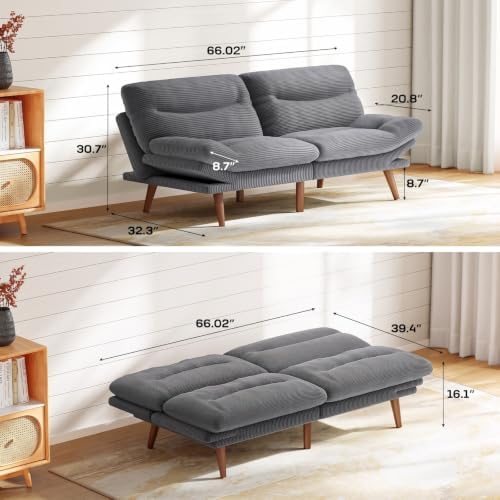 Marsail 66.02" Futon Sofa Bed, Small Convertible Sleeper Couch, Grey