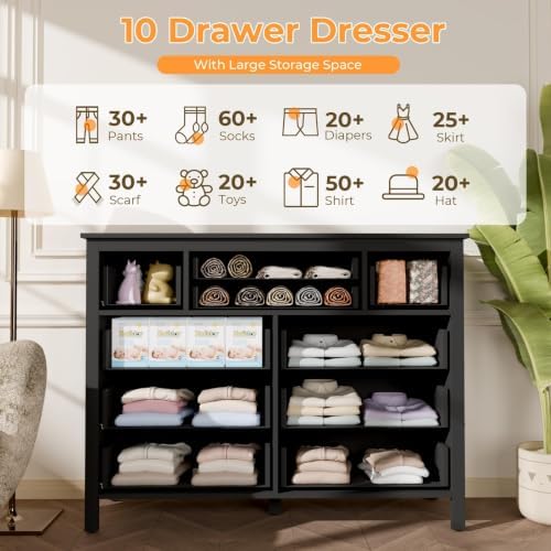 Loomie Upgraded 47.28" Long Black 10-Drawer Dresser for Bedroom