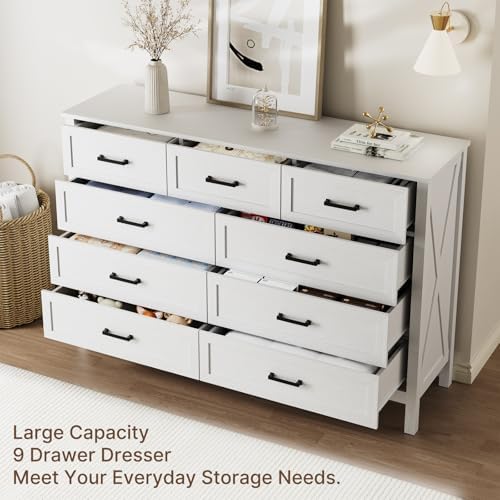 LYNSOM Farmhouse 9 Drawer Dresser for Bedroom, 55 Inch Wide Wood Rustic Chest...