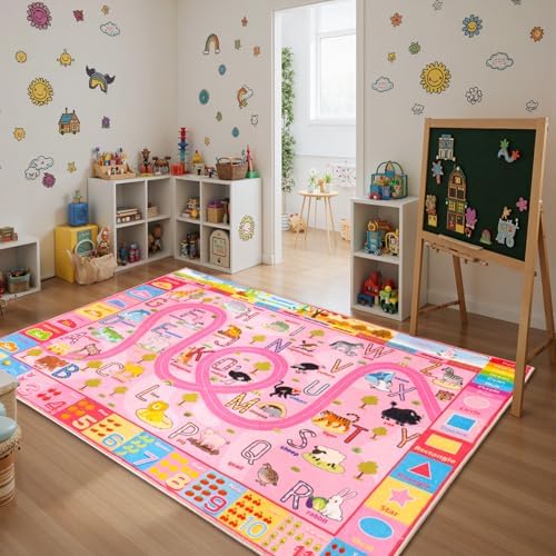 4 x 6 Feet Pink Zoo Themed Kids Educational Play Area Rug for Girls | Pink Non-Slip Washable Kids Learning Rug, Alphabet Numbers Zoo Animals Week Seasons Design for Classroom Playroom