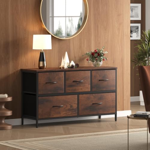 OLIXIS 5 Drawer Dresser for Bedroom, Wide Fabric Storage Tower, Brown
