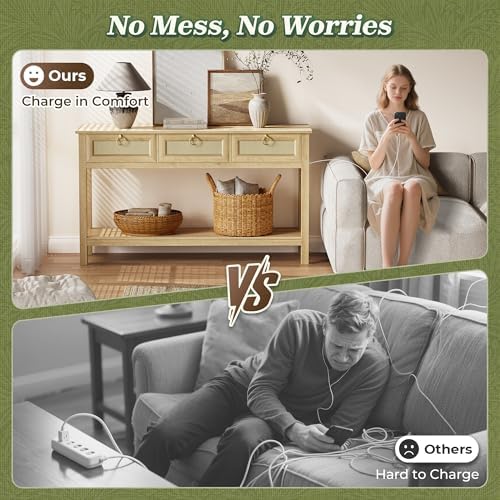 SUPERJARE Rattan Console Sofa Table with Outlets and USB-C Port, 3 Drawer Ent...