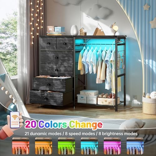 EnHomee 49.2" W Dresser with Hanging Rack & 6 Drawers, Grid Panel &a...