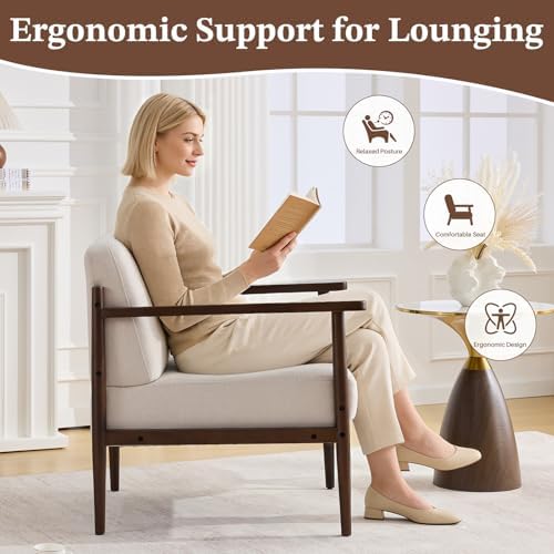 Mid Century Modern Accent Chair with Wood Frame Wide Seat & Thick Cushion