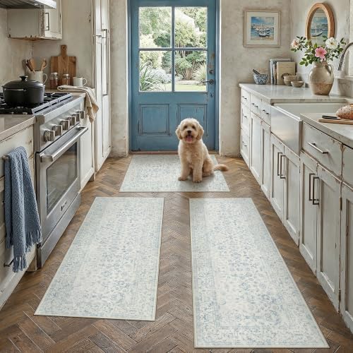 2'x3'+2'x4'+2'x5' Blue 2-Piece Kitchen Rug Set with Runner | Floral, Soft, Kitchen, Hallway, Entryway
