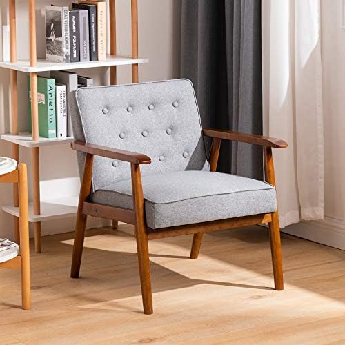UNICOO – Leisure Chair Solid Wood Armrest Accent Chair, Fabric Upholstered Wo...