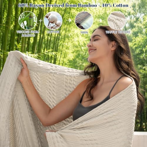 PHF Cooling Waffle Blanket for Hot Sleepers Queen Size, 90"x90", Linen