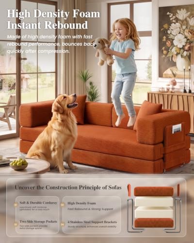 79.5" 5-in-1 Convertible Futon Sofa Bed, Boneless Corduroy, Orange
