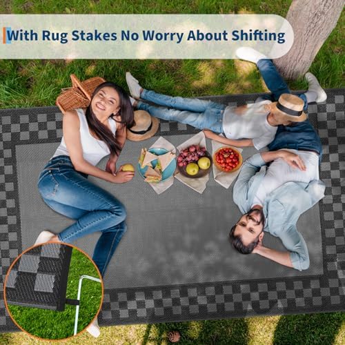 Outdoor Rug 8x10 Waterproof Patio Rugs Modern Checkered Reversible Mat for Fr...