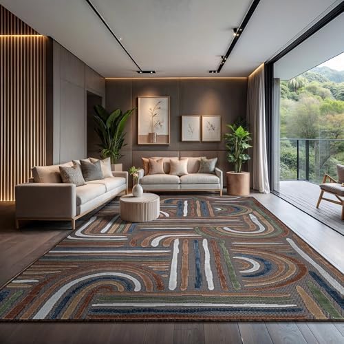 CAMILSON Indoor Outdoor Rug, Brown 8x10 Geometric Arch Striped Area Rugs for ...