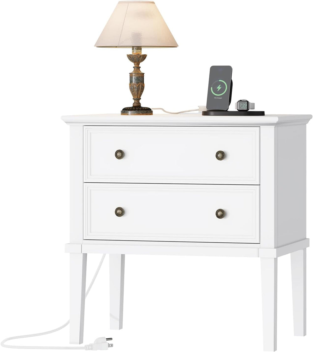 IKENO Solid Wood Nightstand with Charging Station, Farmhouse End Table with 2...