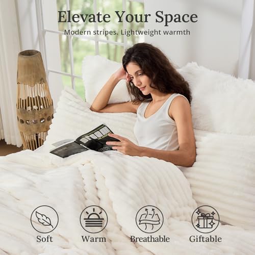 Sasttie Fluffy King Comforter Set, 3 PC Soft Fleece Bedding, Cream White