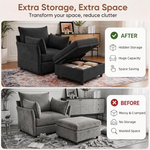 ABCASA Chenille Accent Chair with Storage Ottoman Chaise Lounge Chair,Black