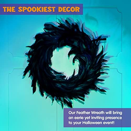 JOYIN 13.5" Black Natural Feathers Wreath for Halloween Decorations, Spooky Scene Party Favors, Halloween Photo Props, Trick of Treat, Front Door, Porch, Window, Indoor Outdoor Party Decorations