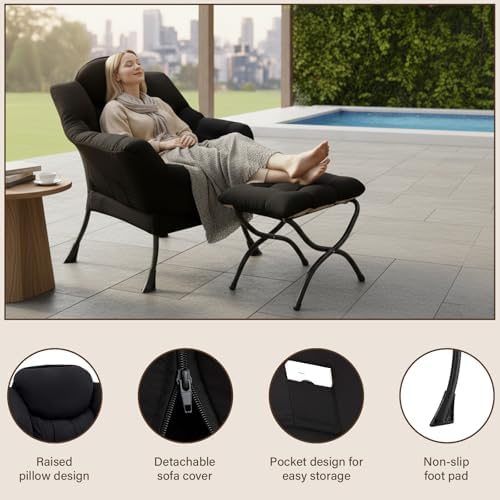 Welnow Lazy Chair with Ottoman, Reading Chair with Footrest,Matte Black