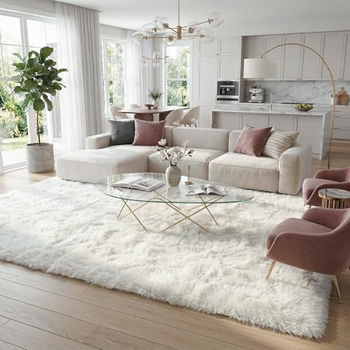 8x10 Ft Cream White Fluffy Area Rug for Living Room, Washable