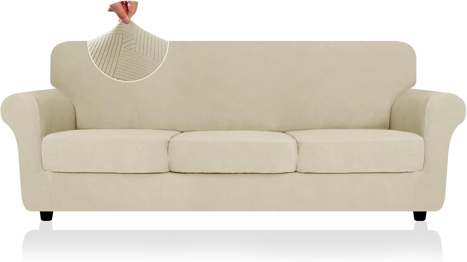 ZNSAYOTX 4 Piece Stretch XL-Sofa Covers (91"-110") for 3 XL Cushion Couch, Thick Couch Cover with Elastic Band Bottom Ties Non-Slip Stay in Place, Soft Durable Oversized Slipcovers, Khaki