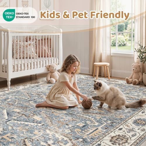 9x12 Area Rugs for Living Room Large Washable Rug Vintage Blue
