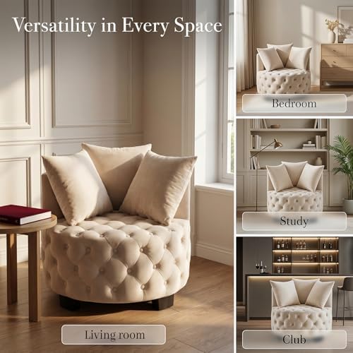 Upholstered Tufted Accent Barrel Chair with 3 Pillows, Contemporary Round Lou...