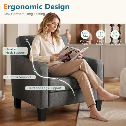 Grey Accent Chairs Set of 2, Wide Comfy Arm Chairs for Living Room, Office