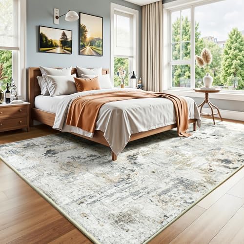 8x10 Area Rugs for Living Room, Washable Abstract Rug, Brown/Grey