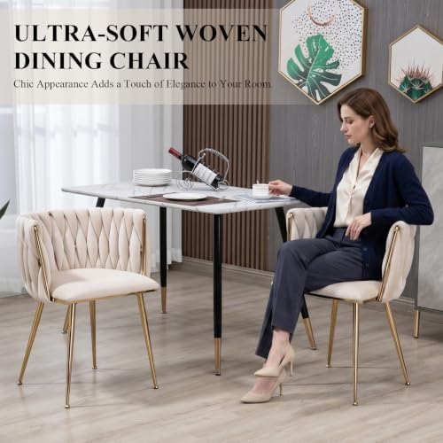 NIOIIKIT Modern Velvet Dining Chairs Set of 2 Hand Weaving Accent Chairs Livi...