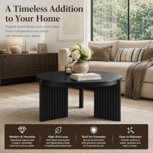 Luoxiao Round Coffee Table, 27.5" Fluted Coffee Tables for Living Room