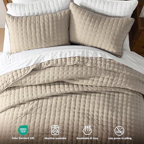 WDCOZY Cloud Soft Quilt Set, Queen Size, Beige, 3 Pieces 90x90 inches