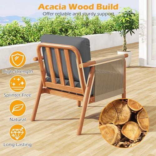 Tangkula Acacia Wood Patio Club Chair Set of 2, Boho Accent Chair with Woven ...