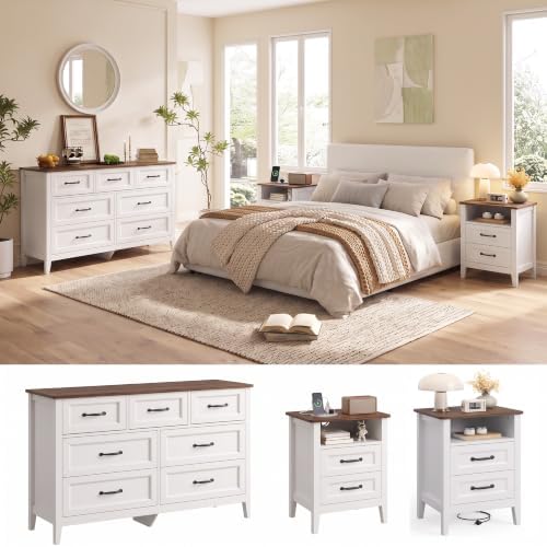 Gizoon 3 PC Bedroom Set, 2 Nightstands with Charging Station & Dresser