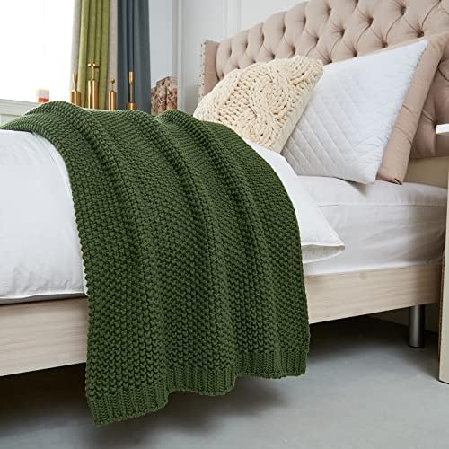 Longhui bedding Chunky Cable Knit Throw Blanket Lightweight Olive Green 100% ...